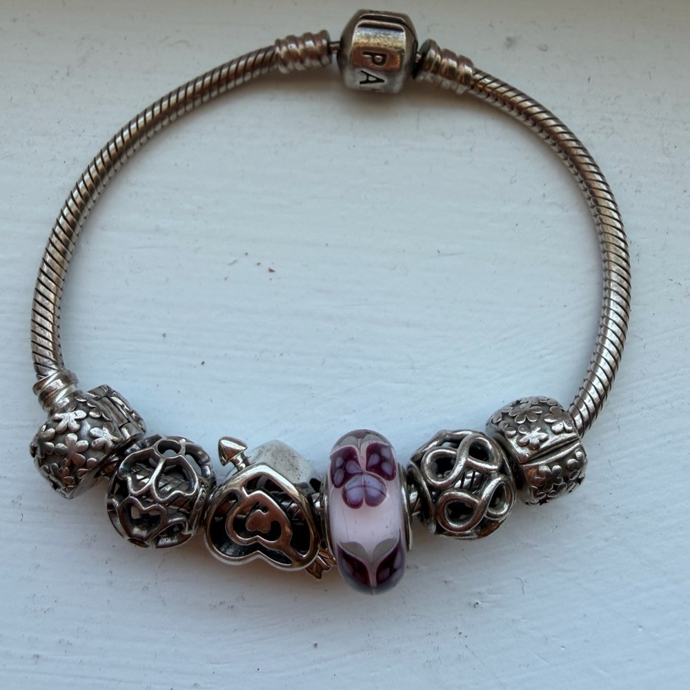 Pandora Sterling Silver Charm Bracelet with Purple Glass Bead